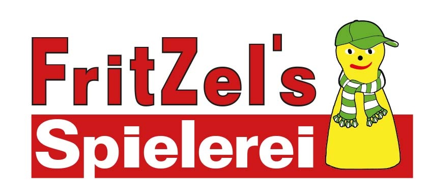 Logo Fritzel’s Spielerei: Rote Schrift daneben eine gelbe Spielfigur mit einer grünen Kappe und grün-weiß gestreiftem Schal.